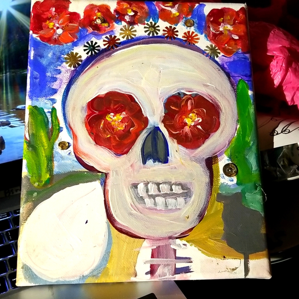 Art - mix media Painting on Canvas -8x10 - Day of Dead - Skull Flower signed